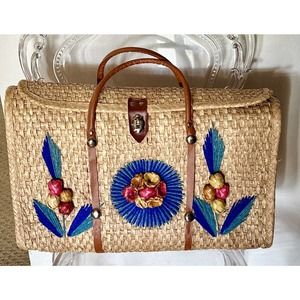 Vtg 60s Acapulco Straw Woven Large Shopper Tote Beach Bag w 3D Rattan Flowers